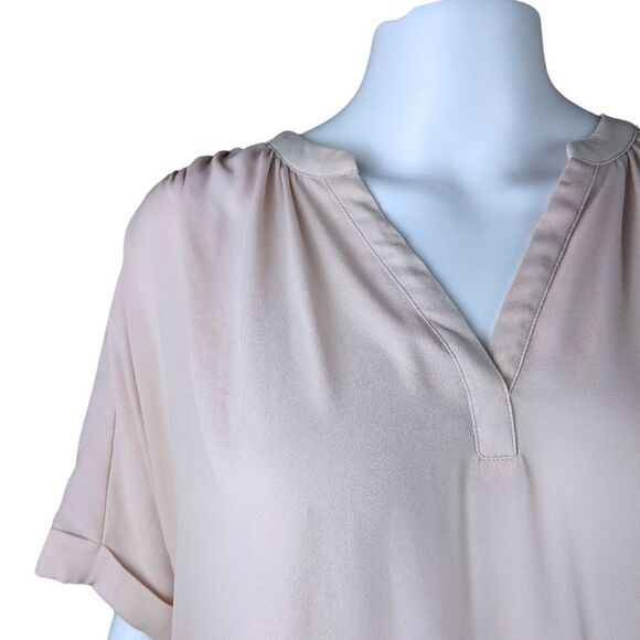 Worthington Small Solid Light Pink Short Sleeve V Neck Sheer Formal Blouse - Picture 2 of 8